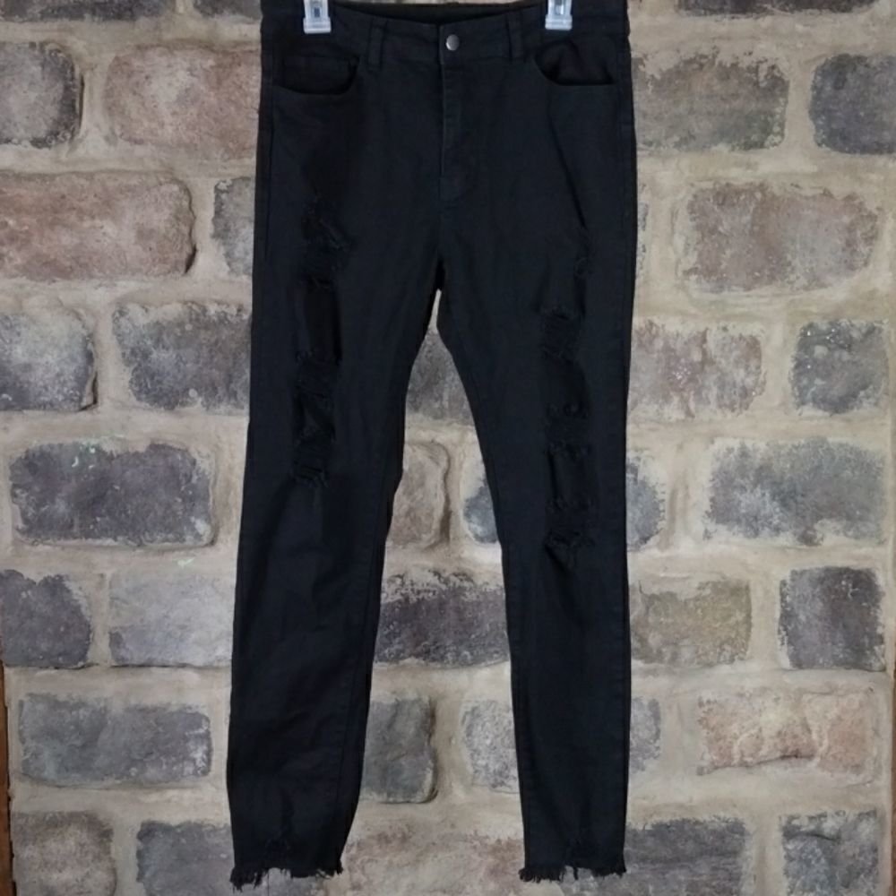 SHEIN‎ Womens Distressed Skinny Jeans Black High Rise Ripped Frayed Hem Size L